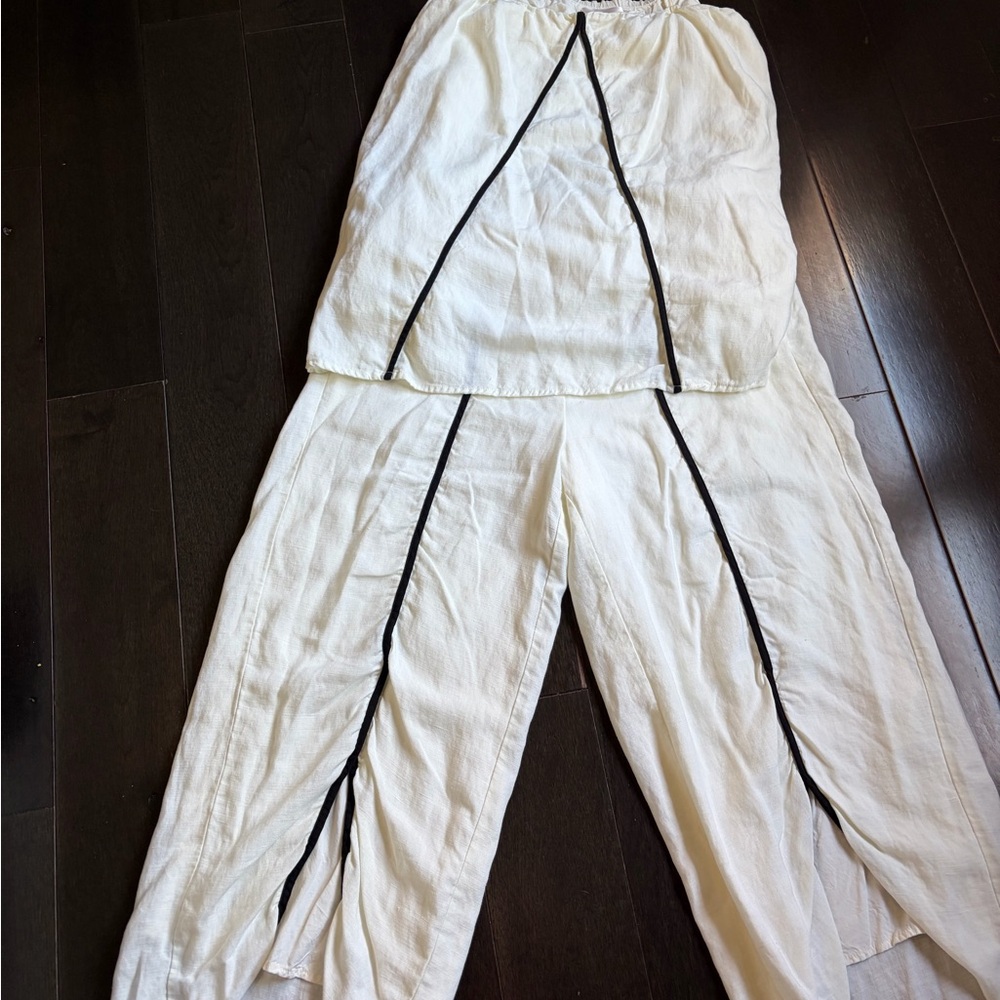 Women’s White Split Hem Linen Pants with Contrast Trim
